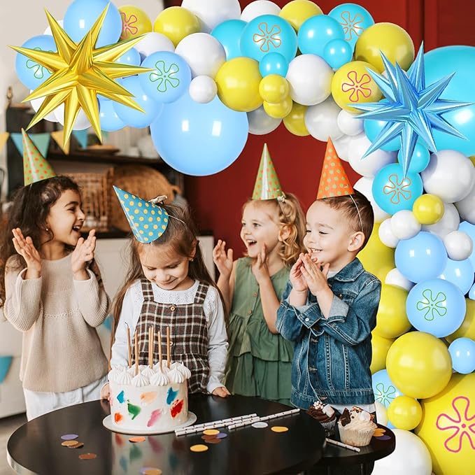 145 Pcs Yellow Blue White Balloon Garland Arch Kit,Cartoon Baby Balloons Party Decorations, for Anime Tropical Ocean Boys Girls Birthday Party Supplies
