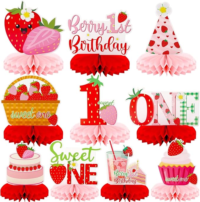 10 PCS Berry First Birthday Decor, Strawberry Theme 1st Birthday Table Centerpiece Strawberry Decorations for Baby Girls Berry Sweet for Party Table Topper Decor