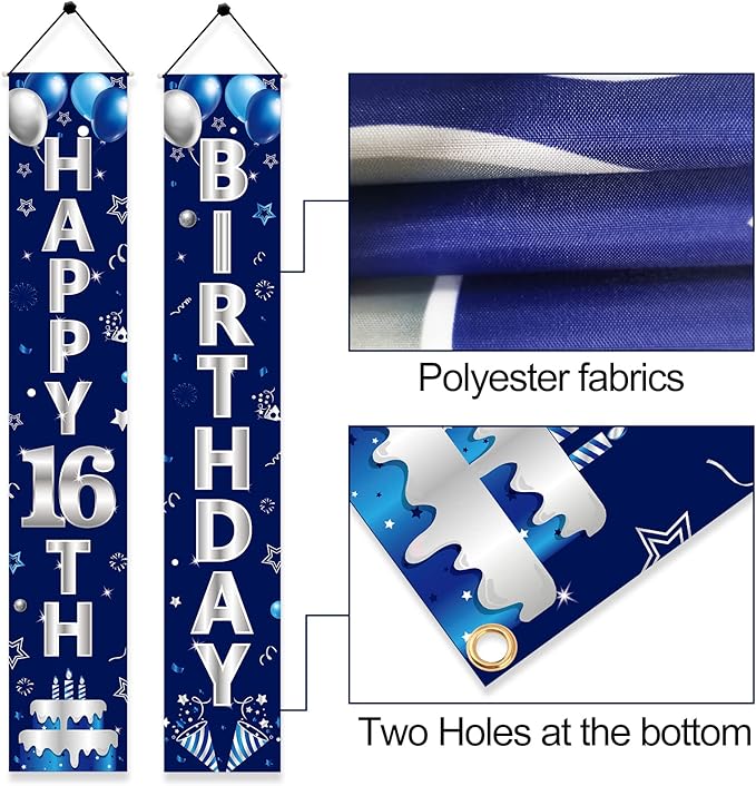 Blue Silver 16th Birthday Door Banner Decorations, Happy 16 Birthday Party Porch Sign Supplies for Boys, Sweet 16 Year Old Birthday Party Supplies