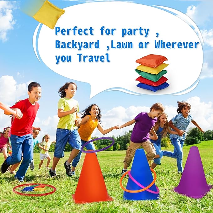 3 in 1 Carnival Outdoor Games Combo Set, Soft Plastic Cones Cornhole Bean Bags Ring Toss Games,for Kids Adults Indoor Outdoor Birthday Party Lawn Games Supplies (26 Pieces