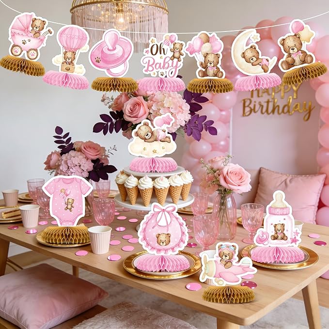 Tarklanda 12 Pcs Baby Shower Honeycomb Centerpieces Teddy Bear Themed Party Honeycomb Table Decoration Birthday Table Centerpieces for Baby Shower Gender Neutral Wedding Supplies (Pink Bear)