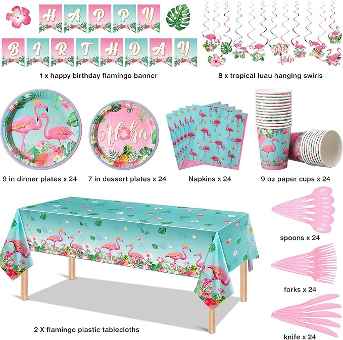Buryeah 179 Pieces Flamingo Birthday Party Supplies Tropical Hawaiian Party Decorations for Girls Kids Included Banner Tablecloths Hanging Swirls Plates Napkins Cups Forks Spoons Knife for 24 Guests