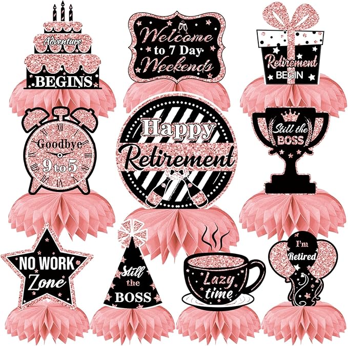 10 Pcs Retirement Party Decorations, Retirement Table Decorations for Women Rose Gold Happy Retirement Decorations Table Honeycomb Centerpieces