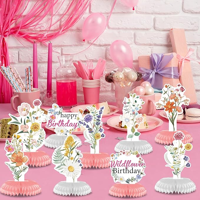 Flower Birthday Table Decorations - 9PCS Wildflower Spring Party Decor Supplies With Floral Honeycomb Centerpiece for Girls and Women