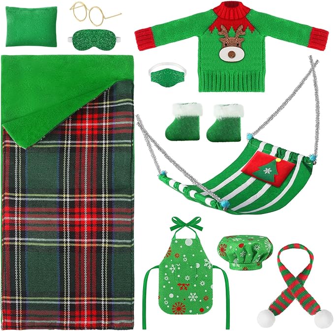 Kacctyen 11 Pcs Christmas Accessories Include Christmas Sleeping Bag Apron Chef Hat Scarf Glasses Pillow Eye Mask Shoes Mask Hammock for Decor