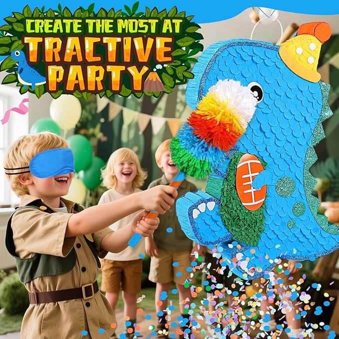24" Large Dinosaur Pinata Bundle with a Blindfold, Bat and Rope, Dino Baby with Football Decorations for Boy Animal Theme Birthday Party