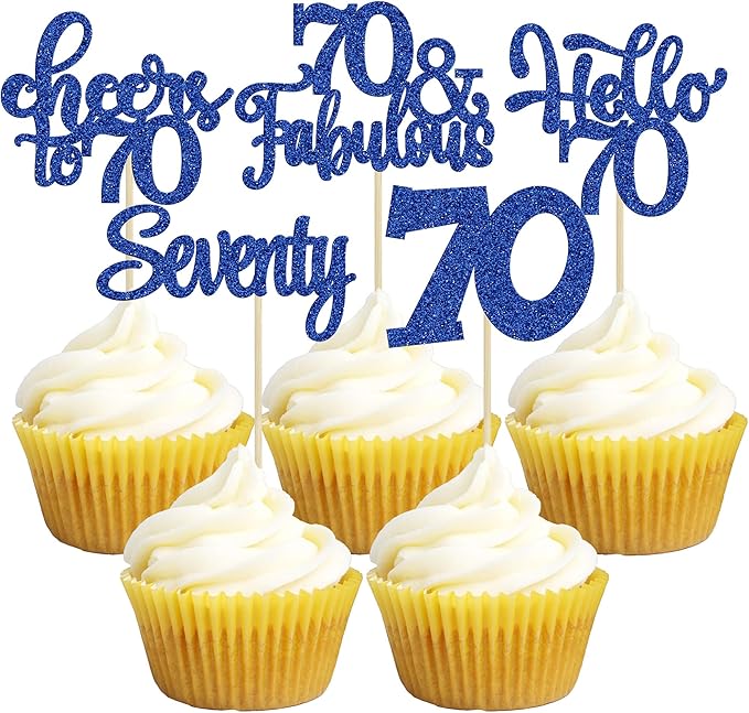 30Pcs Happy 70th Birthday Cupcake Toppers Seventy Cheers to 70 Years Old Birthday Cupcake Picks for 70th Birthday Anniversary Party Cake Decorations Supplies Deep Blue Glitter