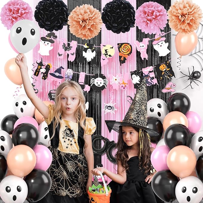 Pink Halloween Party Decorations Set,Include HAPPY HALLOWEEN Banner,Foil Balloons,Cute Hanging Swirl,Fringe Curtain,Paper Pompoms Indoor Outdoor Halloween Party Supplies