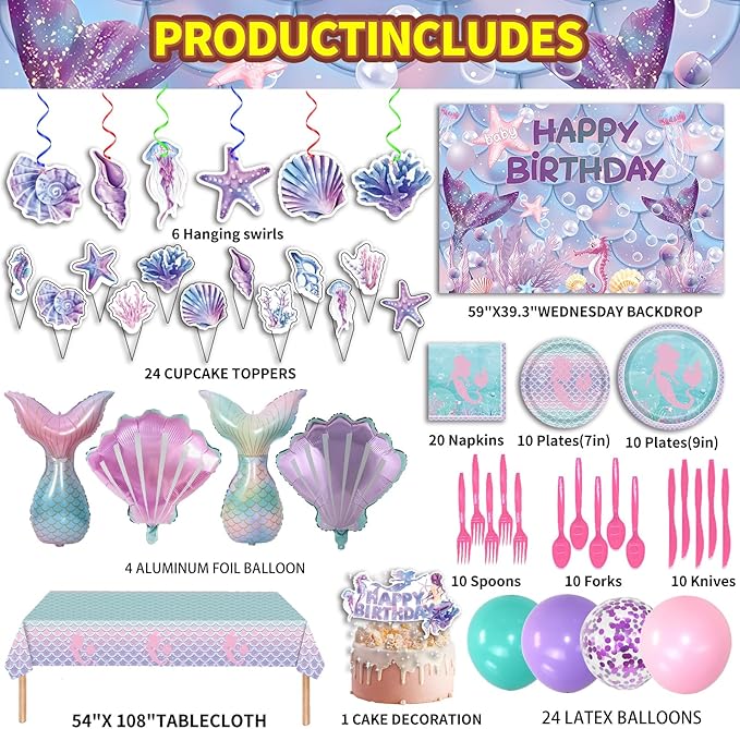 154 Pcs Mermaid Birthday Party Supplies - Mermaid Party Decorations Included Backdrop, Banner, Tablecloth, Hanging Swirls, Cupcake Toppers, Tableware, Paper Towel, Aluminium balloon, Latex Balloons