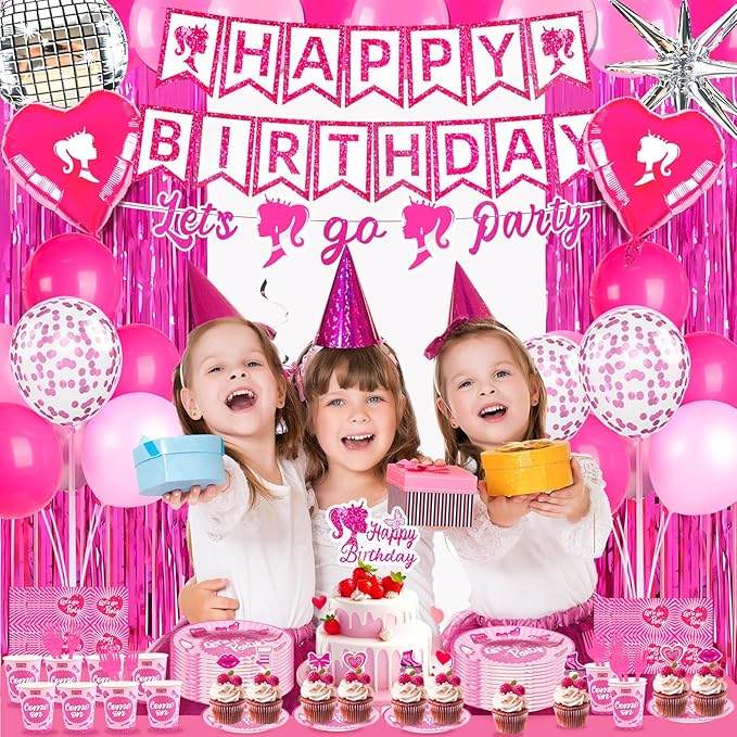 187Pcs Hot Pink Birthday Party Decoration Supplies, with 20 Plates Tableware Set and Birthday Banner Backdrop Foil Balloons Stand Cake Toppers Sunglasses Photo props Etc for Girls Women Party Decor