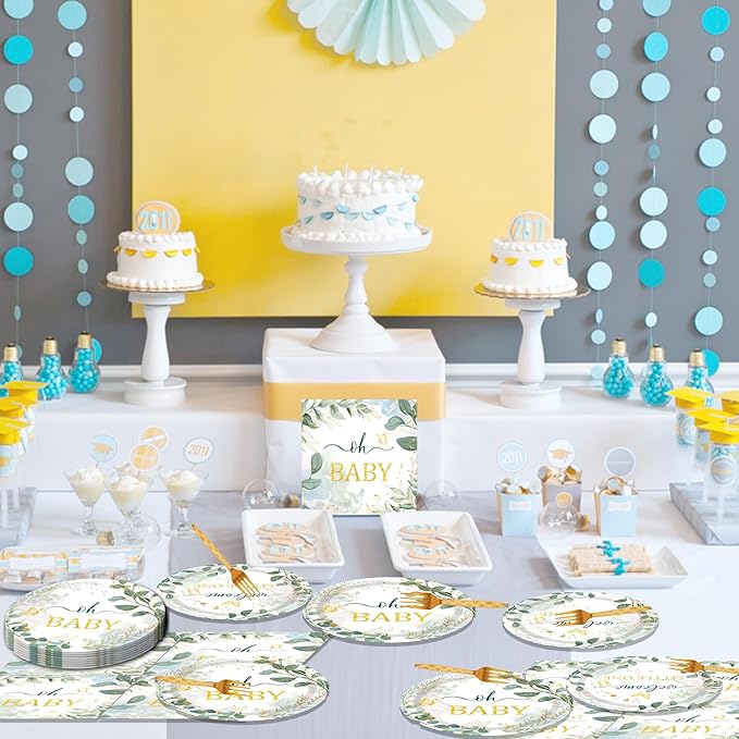 Sage Green Baby Shower Decorations - 96PCS Sage Plates and Napkins Party Supplies Welcome Little One Green Baby Shower Disposable Paper Tableware Set Serves 24 Guests