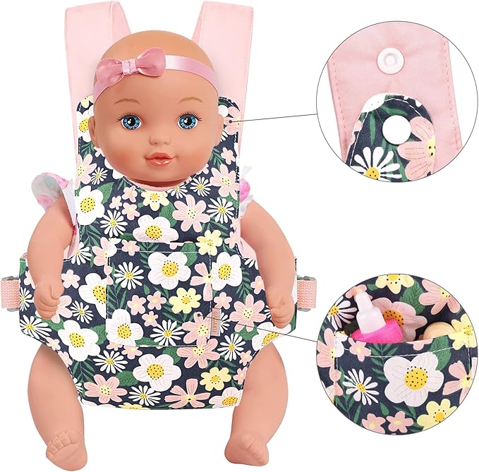 GAGAKU Toy Baby Carrier for Dolls Reborn Baby Doll Carrier for Kids Doll Accrssories Carrier for Doll - Pink - Daisies