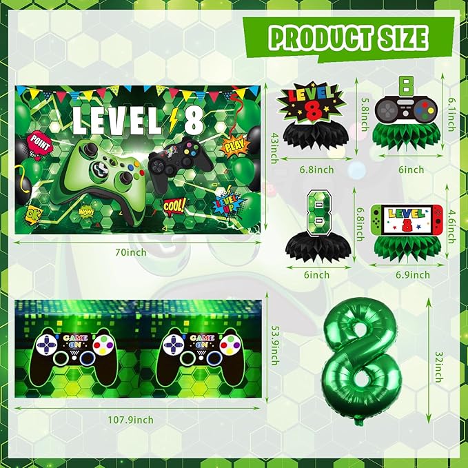 8th Birthday Decorations for Boys, 148Pcs Green Video Game level 8 Party Supplies for Boy 8th Birthday - Backdrop, Banner, Balloons, Tablecloth, Centerpieces, Hanging Swirl, Hat, Wall Signs