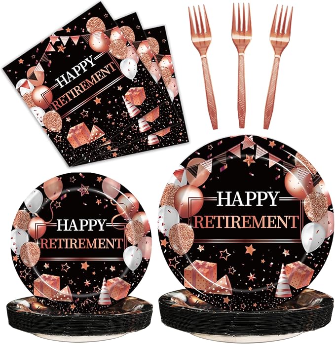 96 Pcs Retirement Party Plates and Napkins Set, Rose Gold Happy Retirement Party Supplies Decorations for Women Going Away Party Disposable Dinnerware Set, Serves 24