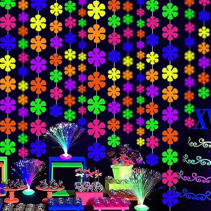 120 ft UV Paper Windmill Flowers Neon Garland Streamers Black Light Neon Decorations for Dark Glow Party UV Reactive Neon Party Favors Glow in The Dark Party Supplies for Birthday Banner Garlands