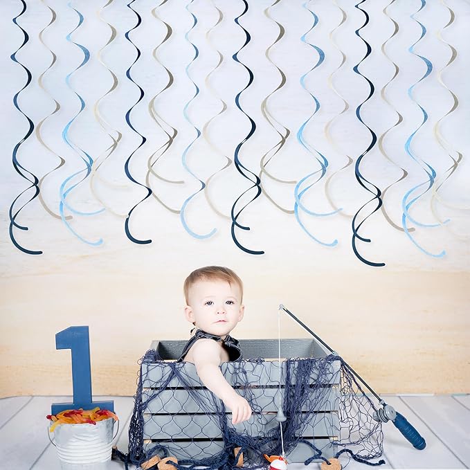36 Pcs Dusty Blue Gray Hanging Swirl Decorations Navy Blue Grey Felt Swirl Streamer Spiral Ceiling Garland for Baby Shower Wedding Birthday Engagement Ahoy Achor Nautical Graduation Party Supplies