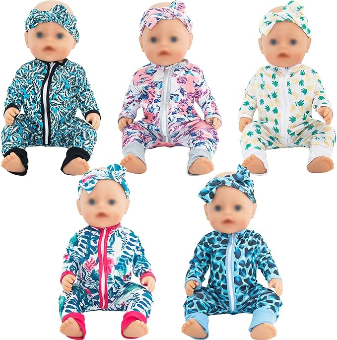 SOTOGO 5 Sets Doll Clothes Outfits Jumpsuits with 5 Headbands for 14 to 17 Inch New Born Dolls, 15 Inch Dolls and American 18 Inch Doll Clothes and Accessories