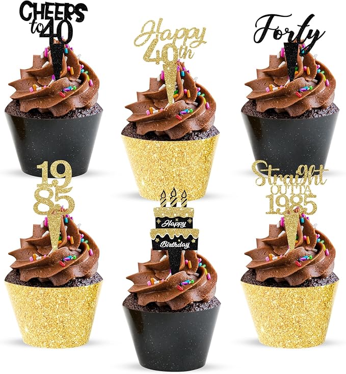 48 Pack Happy 40th Birthday Cupcake Toppers and Wrappers, Glitter Fabulous Vintage 1985 Cake Decor Cheers to 40 Year Cupcake Decorations for 40th Birthday Anniversary Party Supplies