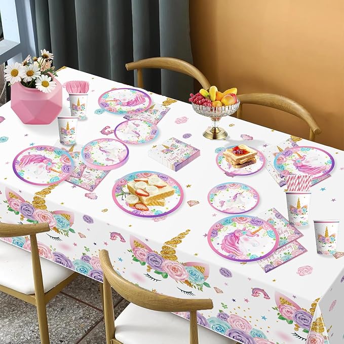 cocomigo 246PCS Unicorn Birthday Decorations Set, All-in-One Party Supplies Pack with 20 Plates, Purple Unicorn Party Supplies for Girl Birthday Party, Serves 20 Guests