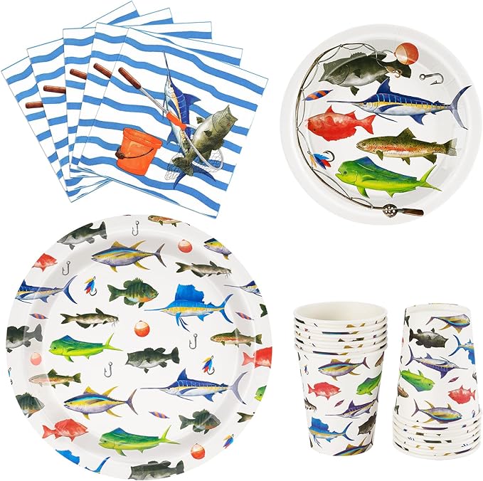 WERNNSAI 64PCS Fish Party Decorations - Gone Fishing Party Decorations Fishing Plates Napkins Cups Set for Boys Litter Fisherman Birthday Baby Shower Decorations