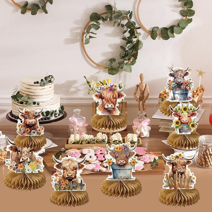 Highland Cow Party Decorations, Highland Cow Birthday Party Table Decorations, Chic Flower Honeycomb Centerpiece Farm Baby Shower Decor Supplies