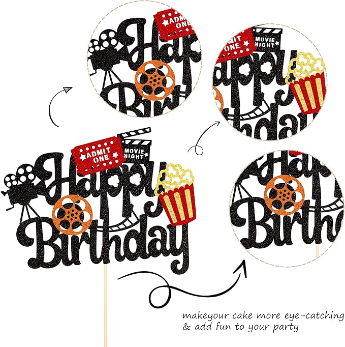 1 PCS Movie Night Cake Topper Happy Birthday Sign Cake Pick Decorations for Theater Video Recorder Roll Camera Popcorn Hollywood Theme Family Film Baby Shower Birthday Party Supplies