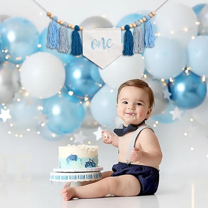 Blue One Tassel High Chair Banner - First Birthday Party Decoration Supplies Garland, Blue Ocean Waves Theme High Chair Tassel Banner, One Sign Birthday Party Backdrop Decoration