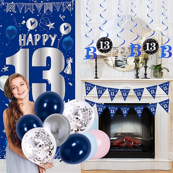 13th Birthday Decorations for Boys Girls, Blue Silver 13th Birthday Decorations Backdrop with Happy 13th Birthday Banner, Number 13 Hanging Swirls, Triangle Flag, 13 Years Old Birthday Party Supplies