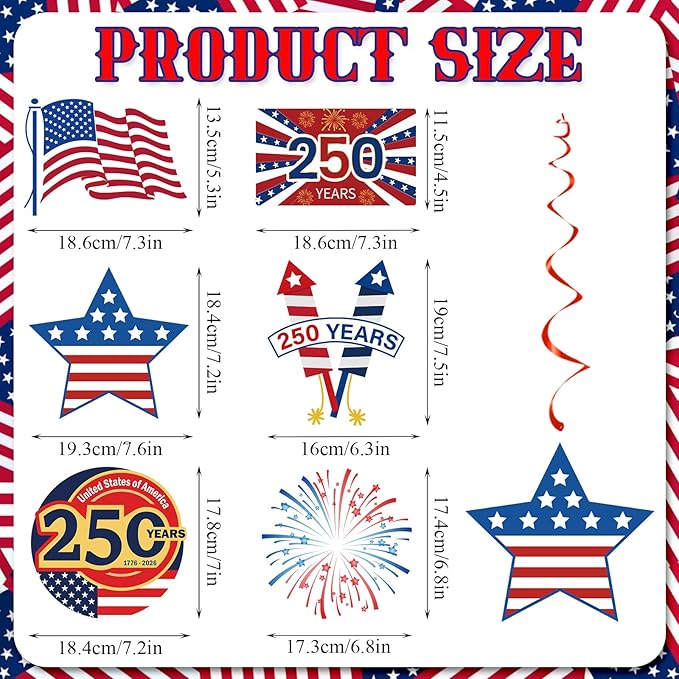 USA 250th Anniversary Hanging Swirls, 30Pcs United States 250 Years Ceiling Streamers Hanging Ornaments for American Anniversary Party Decorations