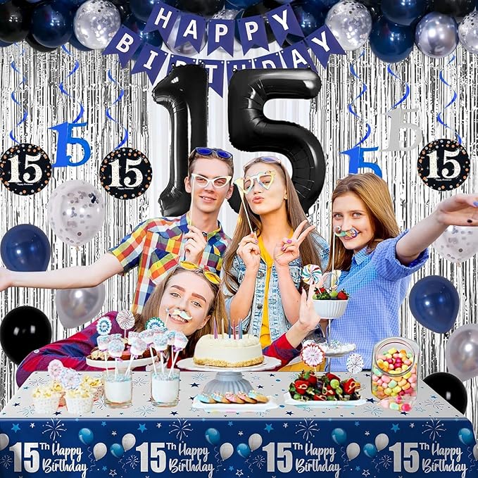 15th Birthday Decorations for Boys and Girls Dark Blue, HAPPY BIRTHDAY Banner Black Number 15 Balloons Tablecloth Foil Backdrop Star Balloons Garland Arch Kit-15 Years Old Birthday Party Supplies