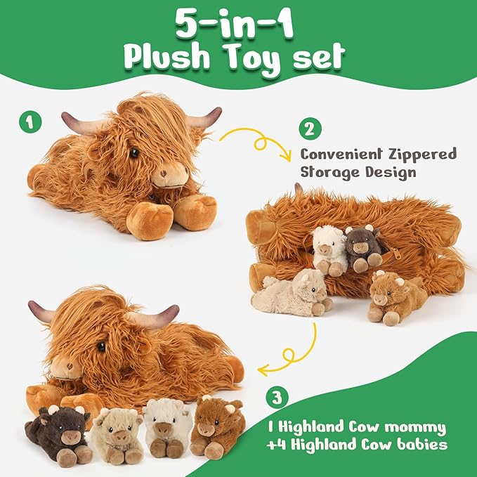 5PC Highland Cow Stuffed Animals with Babies Inside, 1 Mommy Highland Cow Plush & 4 Surprise Babies, Cute Soft Plush Toy for Kid Boy Girl Age 3-8, Gifts Ideal for Birthday, Christmas Imaginative Play