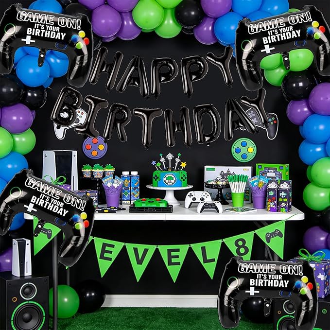 Black Happy Birthday Balloons, 29" Huge Video Game Controller Aluminum Foil Balloon Banner for Boys Birthday Gaming Party Decorations Supplies