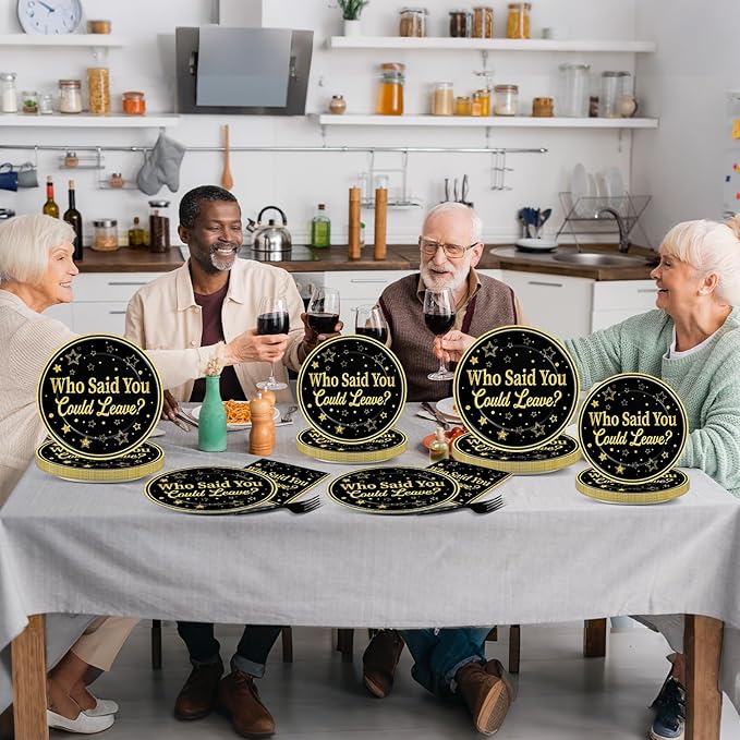 96Pcs Who Said You Could Leave Paper Plates and Napkins for Farewell Party Decor Retirement Disposable Plate Black and Gold Leaving Tableware Set for Goodbye Going Away Birthday Gatherings Decorations