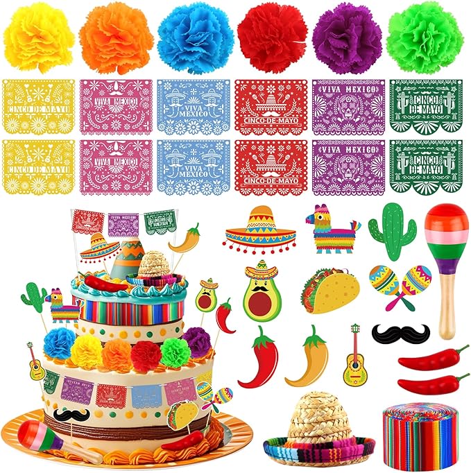 Hooqict 33Pcs Fiesta Cake Decorations Set with Mini Papel Picado Banner, Serape Ribbon, Cactus, Taco and Flower Mexican Cake Toppers & Cupcake Toppers for Cinco de Mayo Mexican Theme Party Decorations