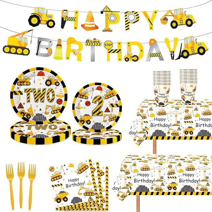 118pcs Construction 2nd Birthday Decor Construction Two Years Old Paper Dinner Plates Napkins Forks Cups Tablecloth Banner Dinnerware for Dump Truck Theme 2nd Bday Party Supplies Decorations