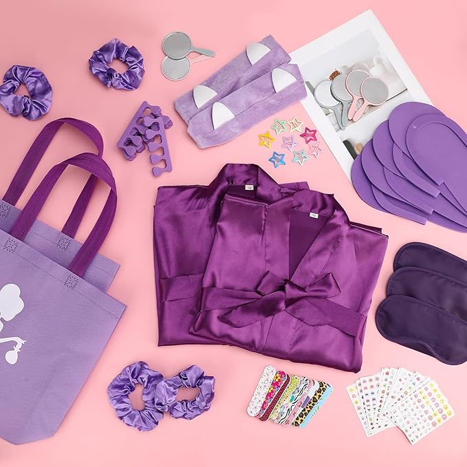 122 Pcs Purple Girls Spa Party Kit, 10-Pack Slumber Party Favors with Satin Robes, Tote Bags, and Nail Salon Accessories for Kids Spa Birthday, Halloween, Home Party Supplies