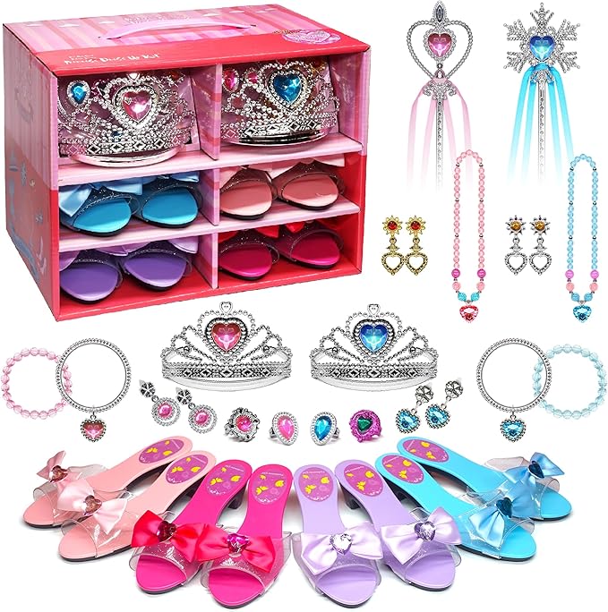 Princess Dress Up Girls Shoes - Toddler Heels Play Shoes & Pretend Jewelry Accessories Sets,Toys for Girls with Kids Crown, Wand, Necklace, Ring, Bracelet, Earring for Little Girls Aged 3 - 6 Birthday