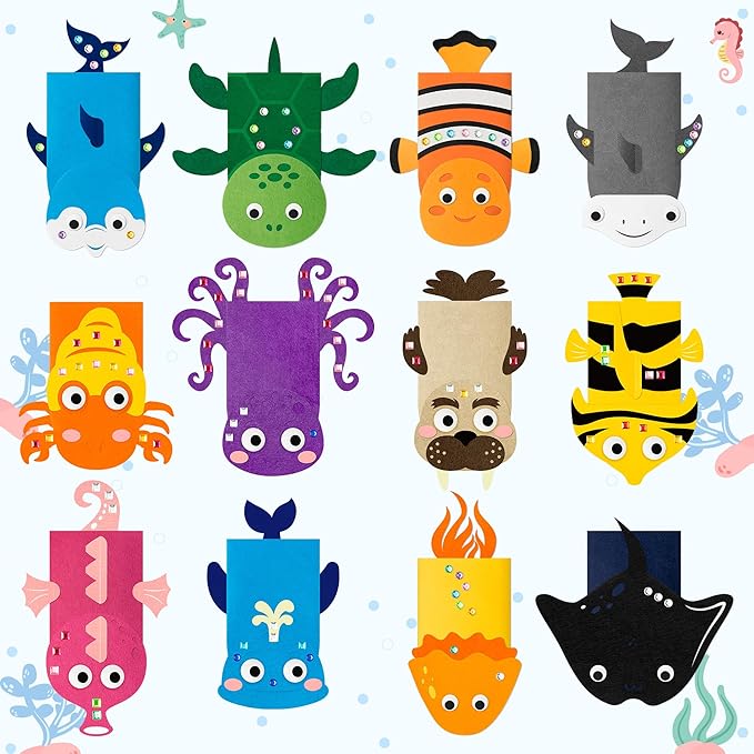 WATINC 12Pcs Hand Puppet Making Kit, Art Craft Felt Sock Puppet Toys, Creative DIY Make Your Own Pompoms Wiggle Googly Eyes Storytelling Role Play Party Supplies Gift for Girls Boys (Ocean Animals)