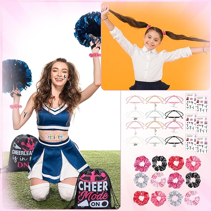 Abbylike 60 Pcs Cheerleading Party Favors Cheer Party Supplies Include 12 Pink Makeup Bag 12 Bracelet 12 Drawstring Backpack 12 Hair Ties 12 Pink Horse Temporary Tattoo for Western Birthday Decoration