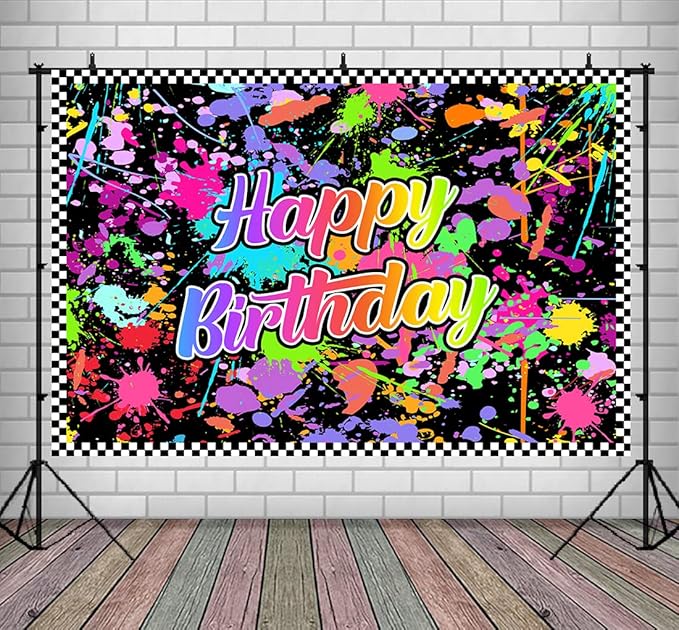 Lofaris Neno Glow in The Dark Birthday Backdrops - Colorful Graffiti Splash Paint Party Background Slime Theme Black Light Sleppover Party Decorations