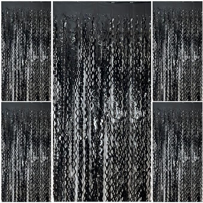 Black Fringe Curtain Party Streamers 5Pcs Foil Fringe Backdrop Curtains Wave Tinsel Streamers Black Party Decorations Door Streamers for Birthday Wedding Bridal Shower Halloween Decor