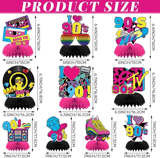 10 Pcs 90s Party Decorations, 90s Retro Honeycomb Centerpieces Back to 90s Party Table Centerpieces 1990s Vintage Birthday Party Favors Supplies 90s Themed Party Decorations