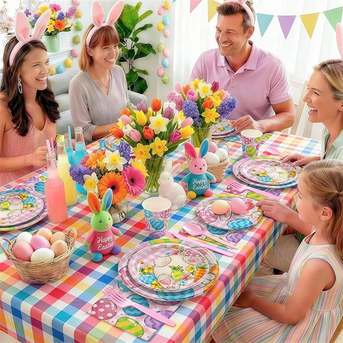168PCS Easter Party Supplies Easter Egg Party Decorations with Pink Plaid Bunny Paper Plates and Napkins Cups for Spring Themed Easter Birthday Party Serves 24
