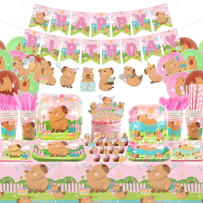 Pink Capybara Birthday Party Decorations - Capybara Party Supplies including Banner, Plate, Cake Topper, Cup, Napkin, Balloon, Tablecloth - Serves 20