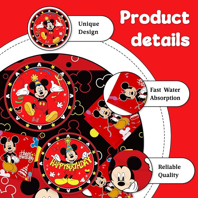 Mickey Party Supplies 41Pack include 20 plates, 20 napkins 1 tablecloth for birthday party Decoration (red2)