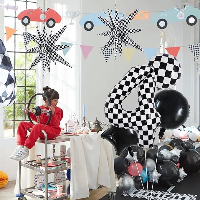 TONIFUL 40 Inch Checkered 4th Birthday Balloons Set Number 4 Race Car Black Black White Checkered Round Explosion Star Balloons Boys Race Car Themed Birthday Party Decoraction