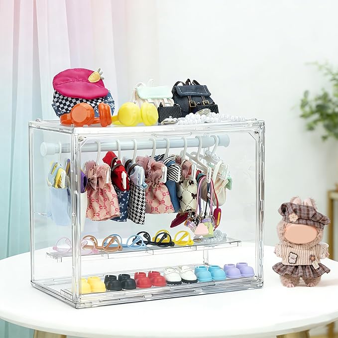 Clear Doll Wardrobe Storage Box,Doll Clothes Closet Desktop,Doll Accessories Display Box,Dolls Outfit Storage Organizer with Hangers & Rod(Not Include Any Accessories)