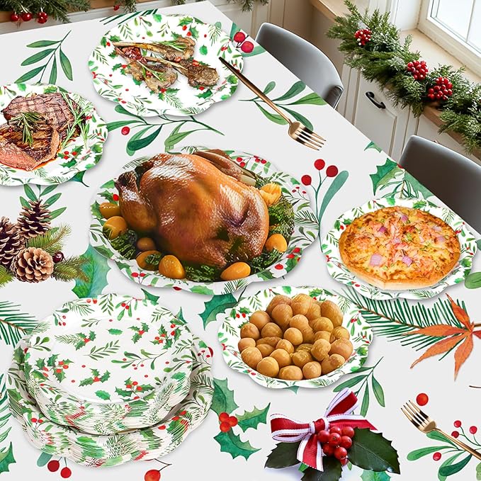 24 Pcs Merry Christmas Paper Plates Set - Disposable Round Christmas Plates, Holly Leaf Red Berry Dinner Dessert Plate Paper Dinnerware Kit for Winter Xmas Party Table Decorations Supplies Favors