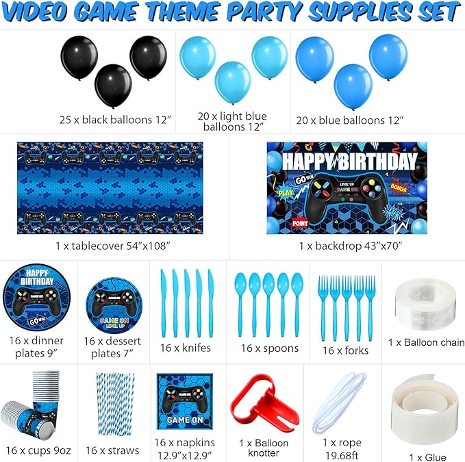 Tatuo 152 Pieces Video Game Birthday Party Supplies Gamer Party Table Cover Happy Birthday Backdrop Banner Tableware Balloons Sets for Boys Men Theme Party Decoration