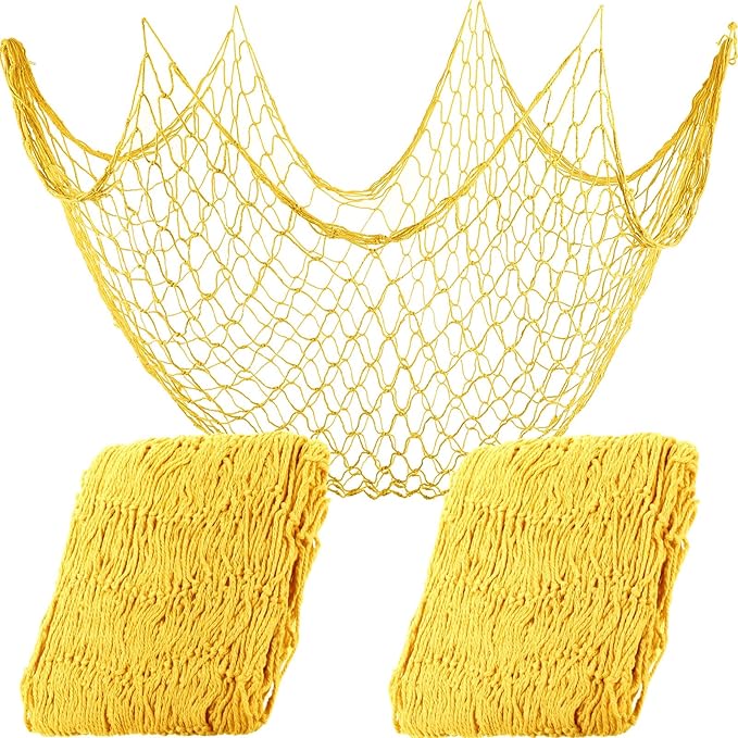 Shappy 2 Pcs Fish Net Decorative 80 x 40 Inch, Wall Hanging Fishnet for Mermaid, Pirate, Nautical, Under the Sea Party Decoration Ocean Themed Hawaii Beach Birthday Halloween Party Supplies(Yellow)